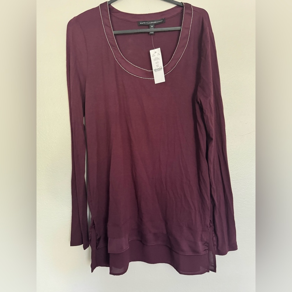 White House Black Market Womens Embellished Burgandy Ruffled Long Sleeve Top XS